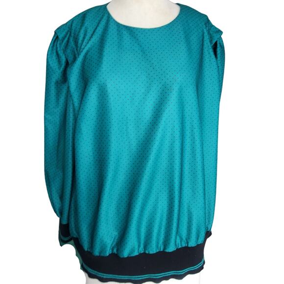 Vintage 80s Blouse  Polka Dot Ribbed Hem Size Large - Picture 1 of 5